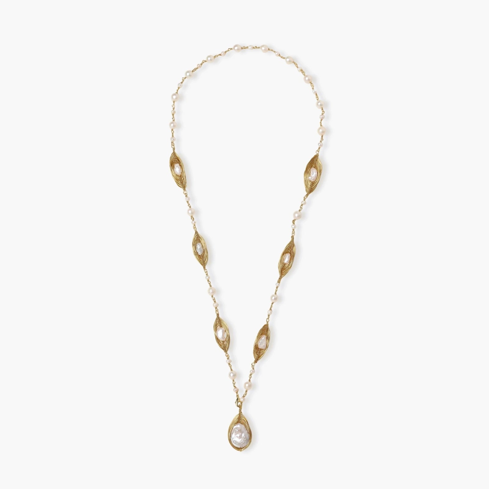 14K gold plated necklace with organic leaf motifs and freshwater pearls arranged in an elegant chain design on neutral background.