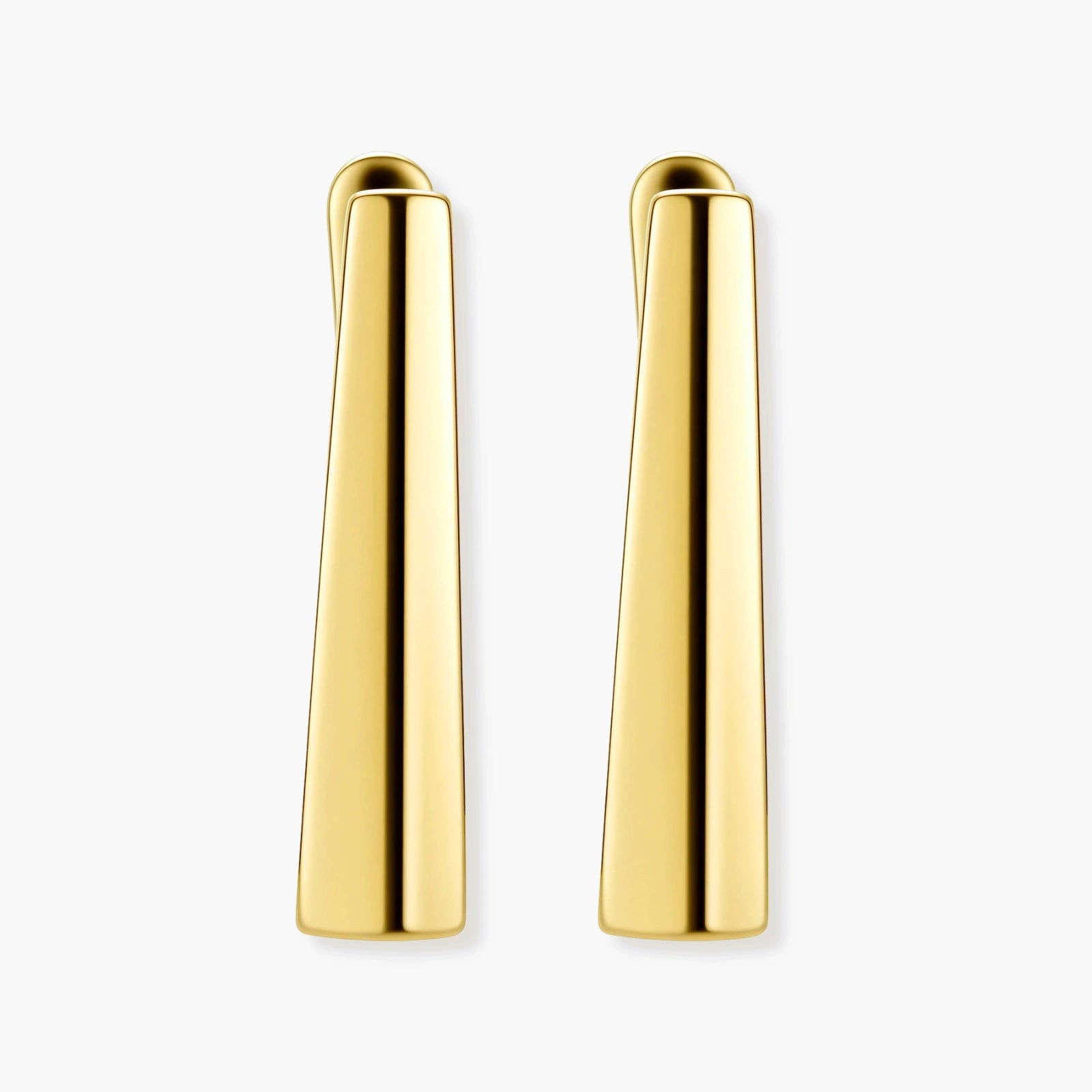Sleek 14K gold-plated sterling silver huggie earrings with polished finish and geometric elongated design on white background.
