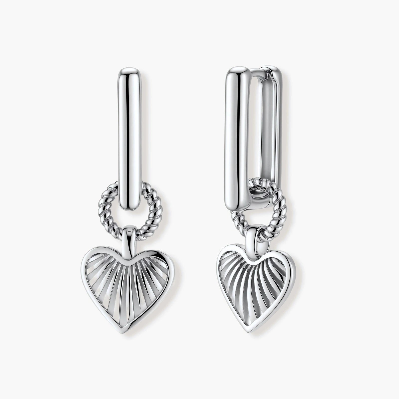 Platinum-plated 925 sterling silver rectangular hoop earrings with twisted ring connector and ribbed heart charm pendant.