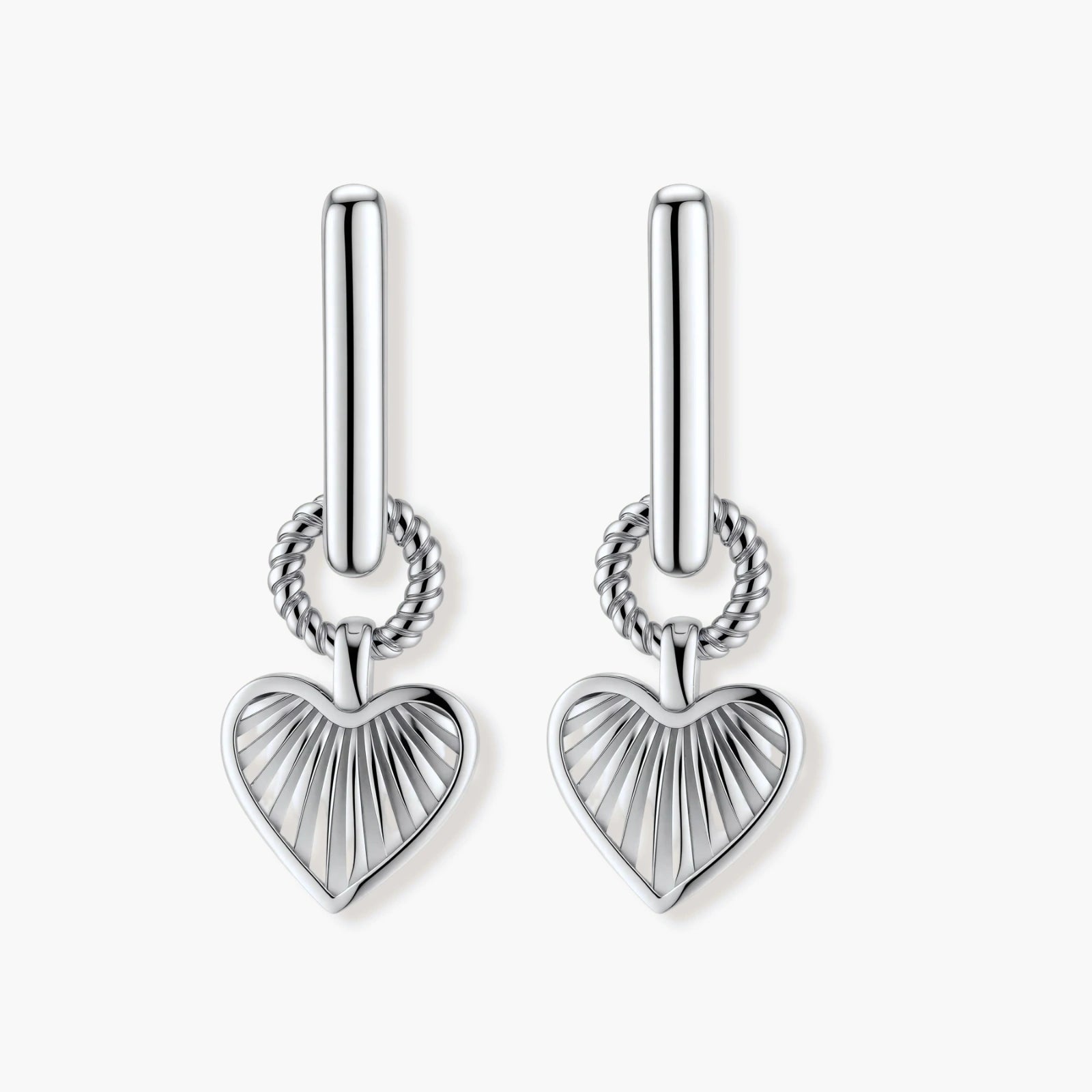 Platinum-plated 925 sterling silver rectangular hoop earrings with twisted ring connector and ribbed heart charm pendant.