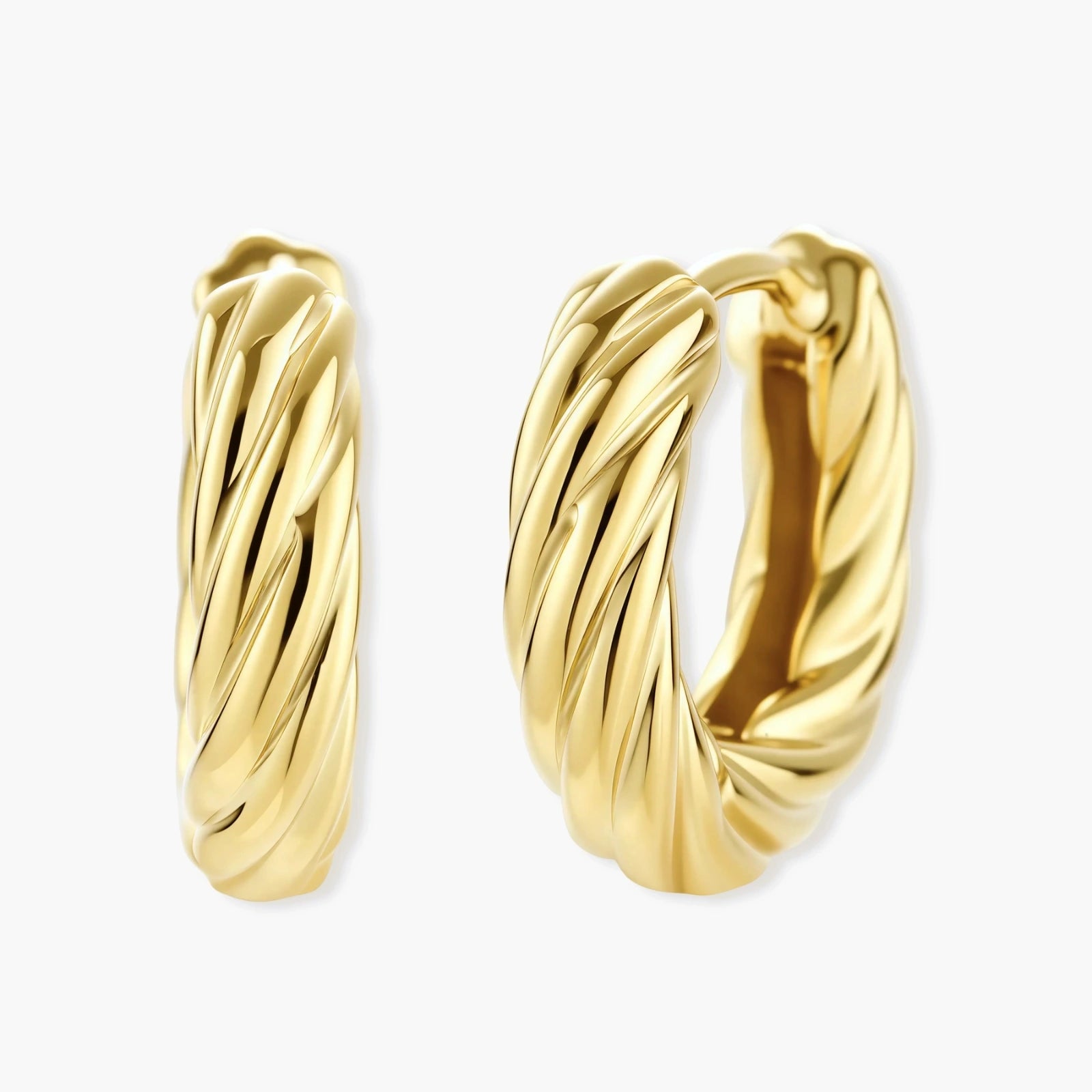 14K gold-plated twisted rope huggie hoop earrings with hinged closure on white background, showing textured surface detail