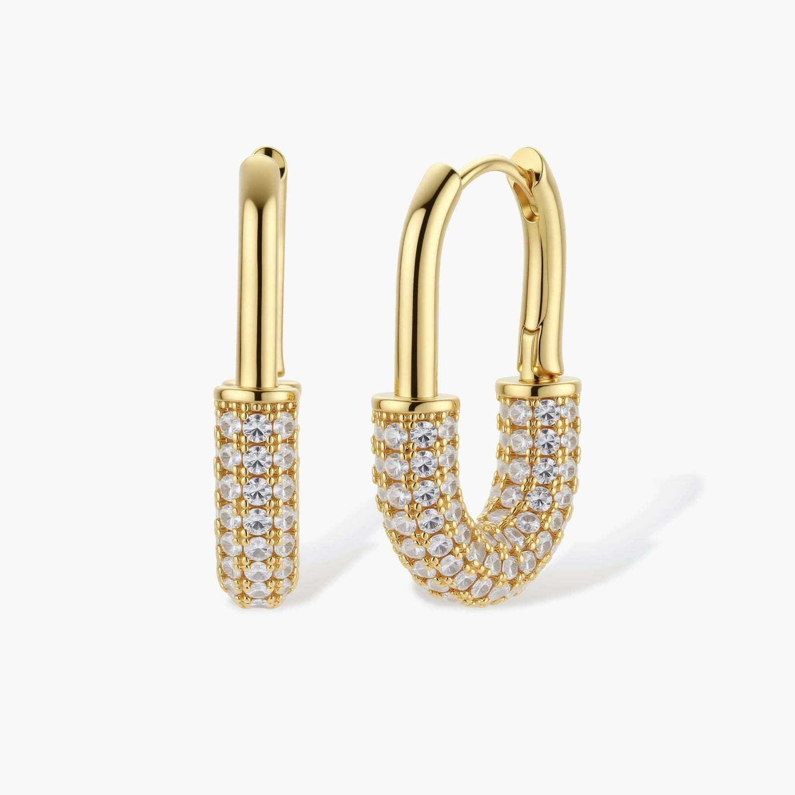 Gold-plated huggie hoop earrings with pavé zirconia stones covering the bottom curve, shown in open and closed positions.