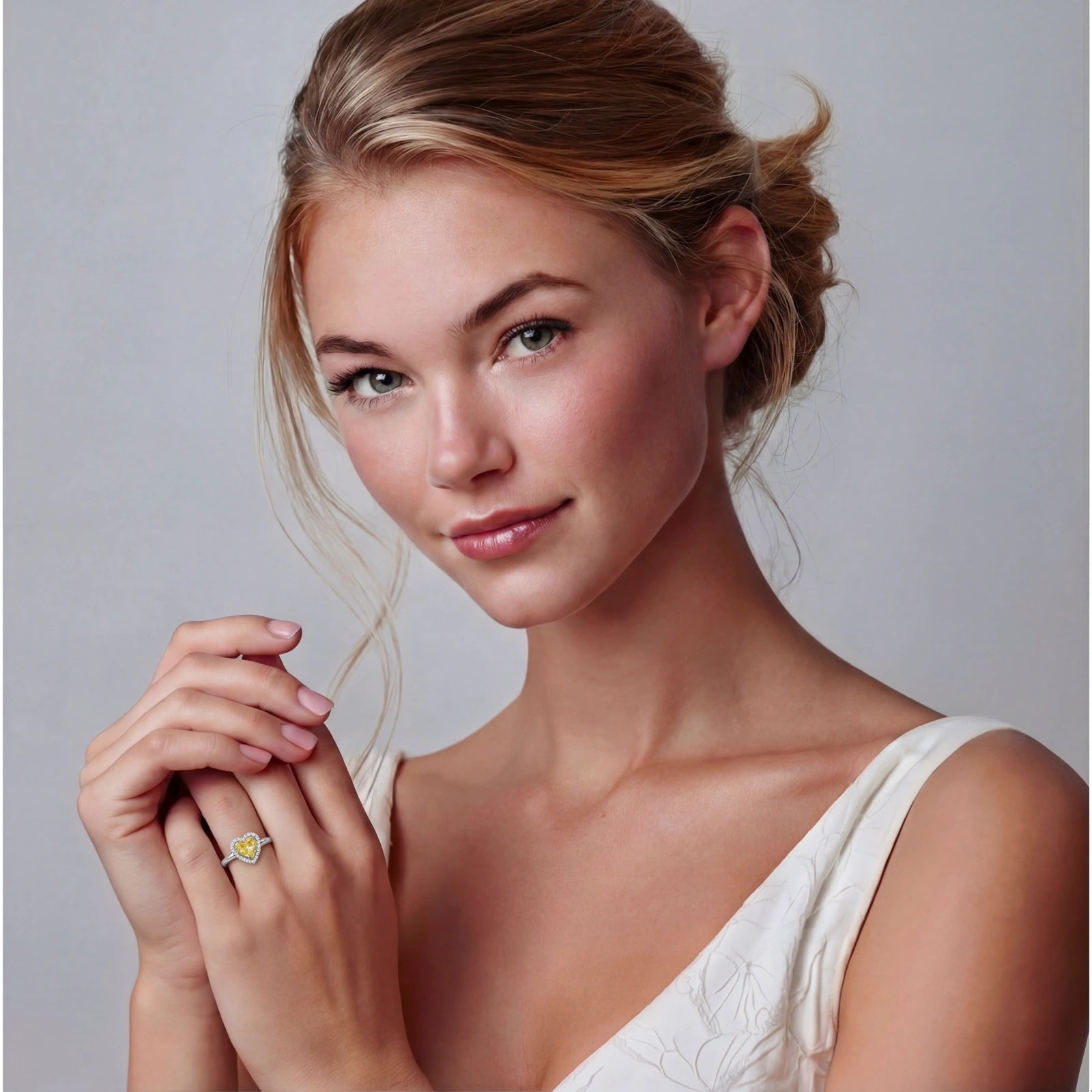 Woman wearing a gold ring with a yellow gemstone against a plain background