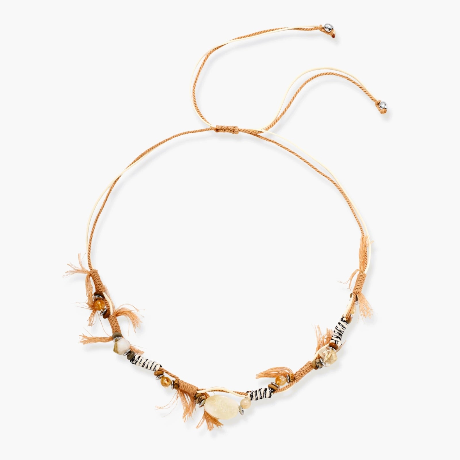 Adjustable brown cord necklace with citrine, coffee calcite beads and striped accents on white background.
