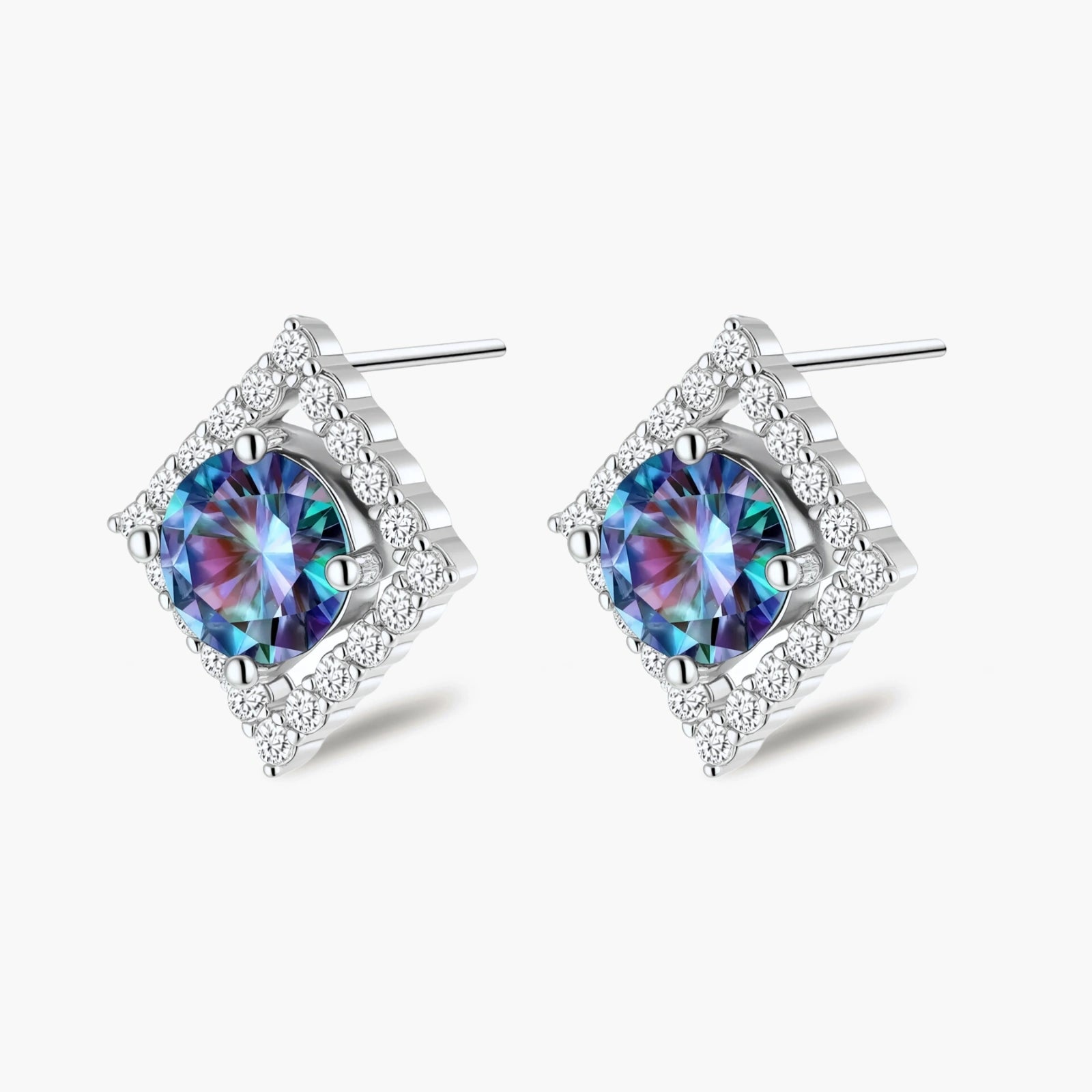 Diamond-shaped sterling silver stud earrings with rainbow moissanite centers surrounded by crystal halos