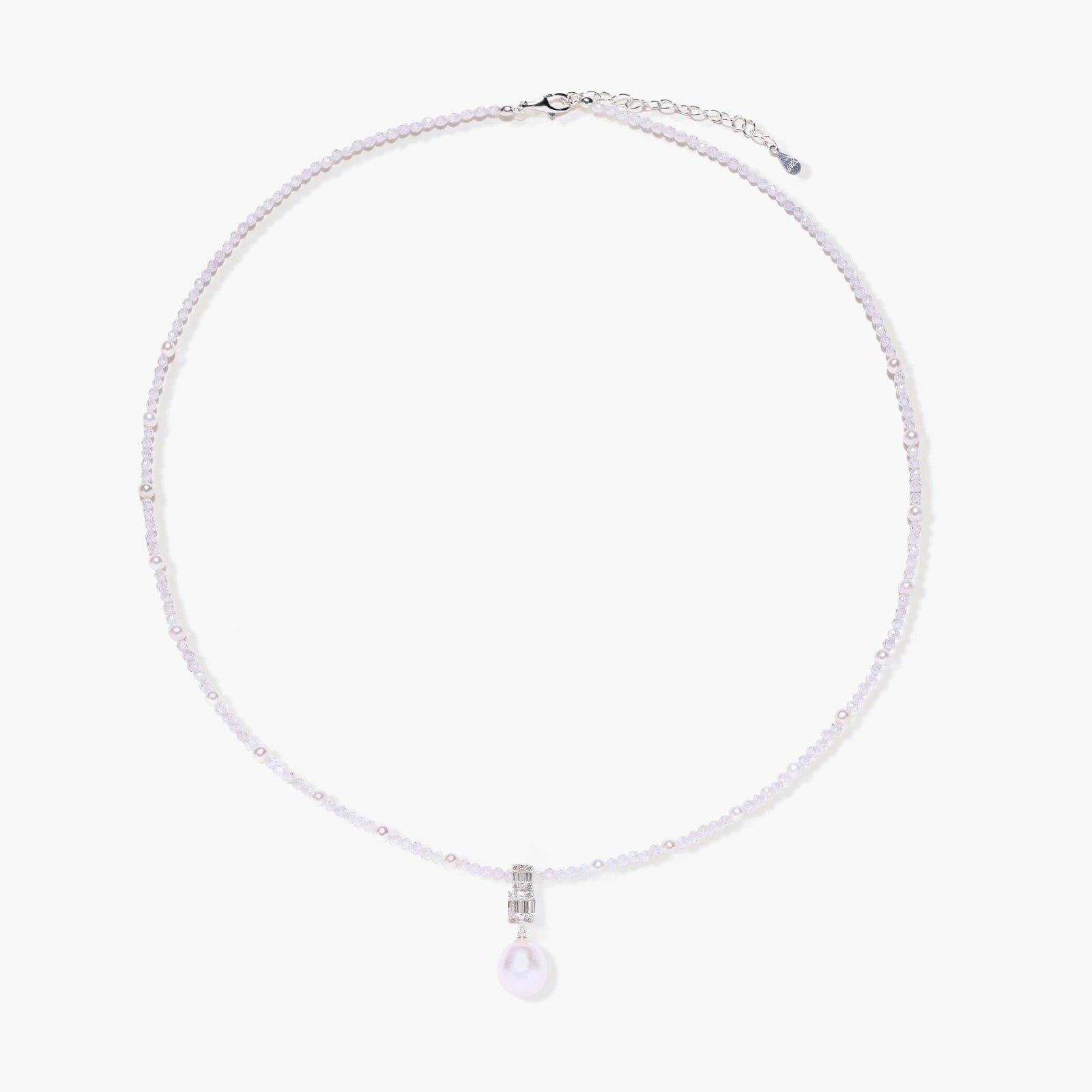 Dainty necklace with lavender crystal beads, freshwater pearls, geometric pendant, and large pearl drop on white background.