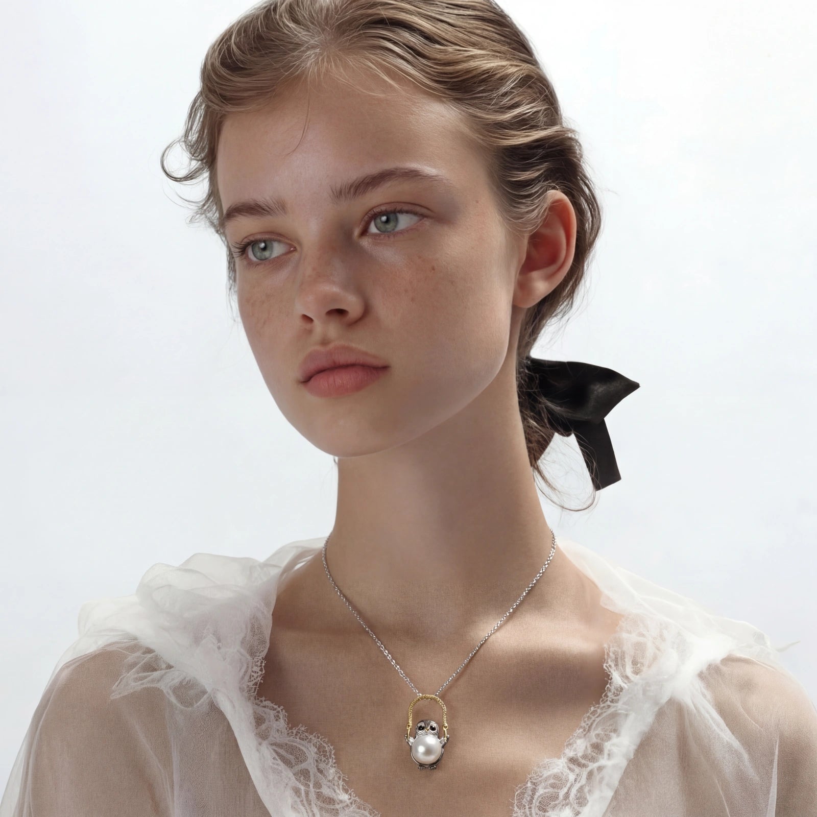 Woman wearing a necklace with a pearl pendant on a white background