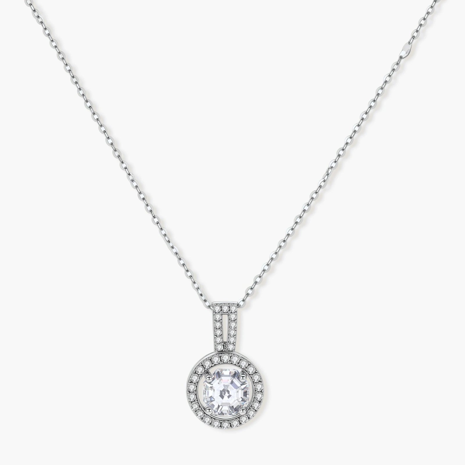 Platinum-plated sterling silver necklace with round halo pendant featuring central crystal surrounded by smaller stones