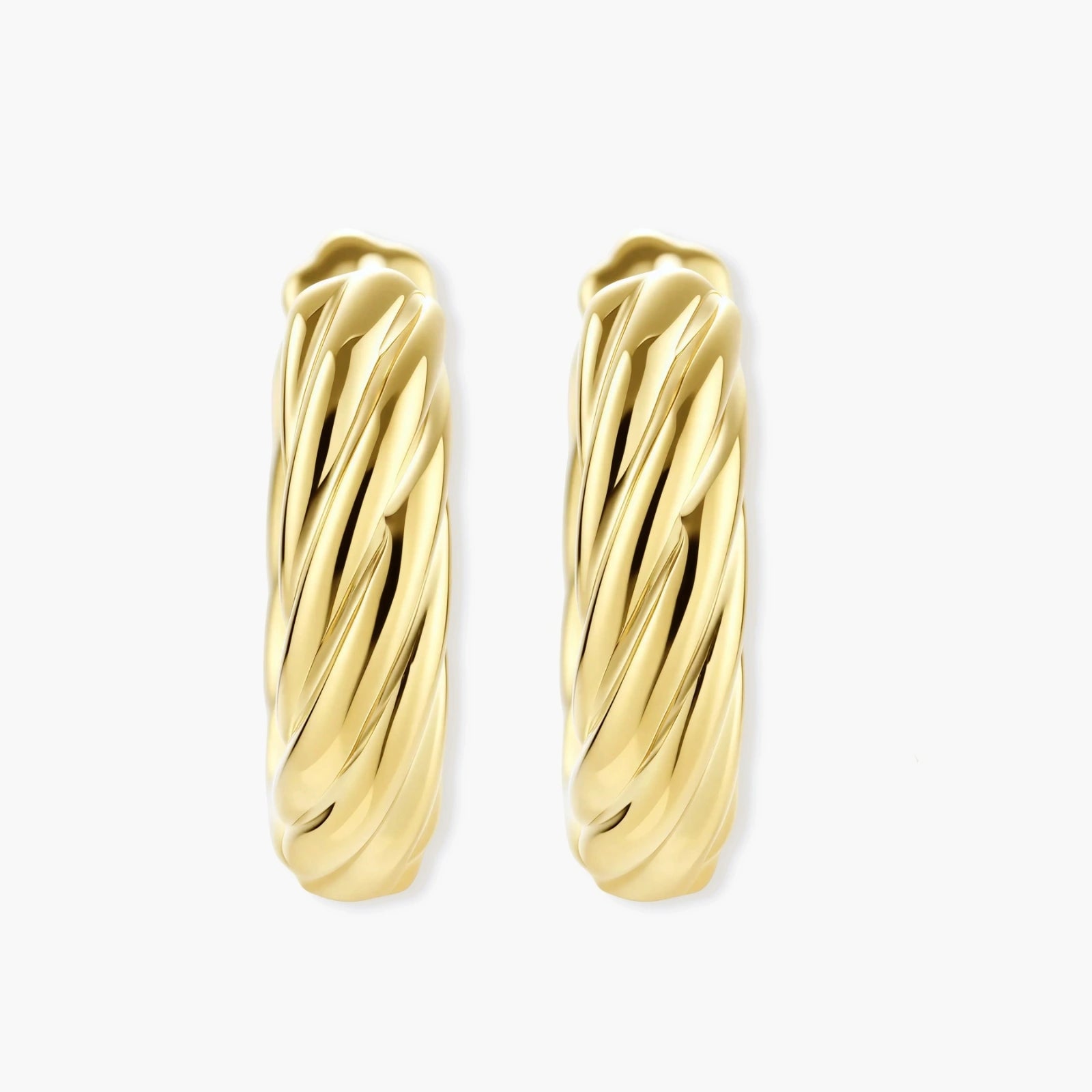 14K gold-plated twisted rope huggie hoop earrings with hinged closure on white background, showing textured surface detail