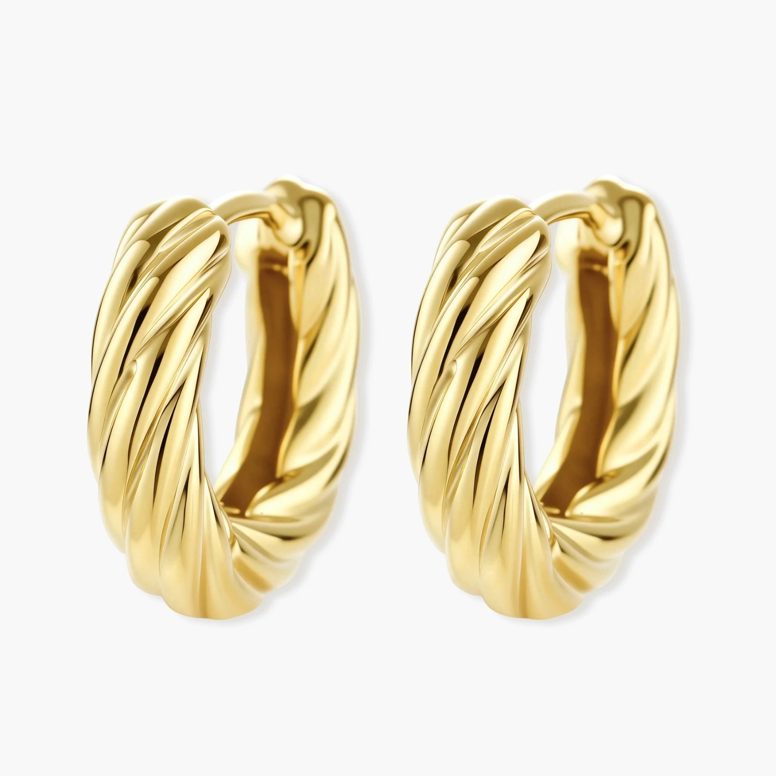 14K gold-plated twisted rope huggie hoop earrings with hinged closure on white background, showing textured surface detail